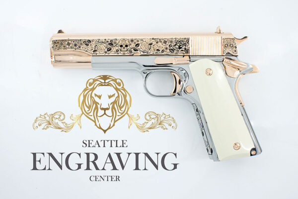 Rare COLT 1911 Government 45 ACP Engraved with our Exclusive "DIA DE LOS MUERTOS" Design, 18K Rose Gold & 24K White Gold Plated